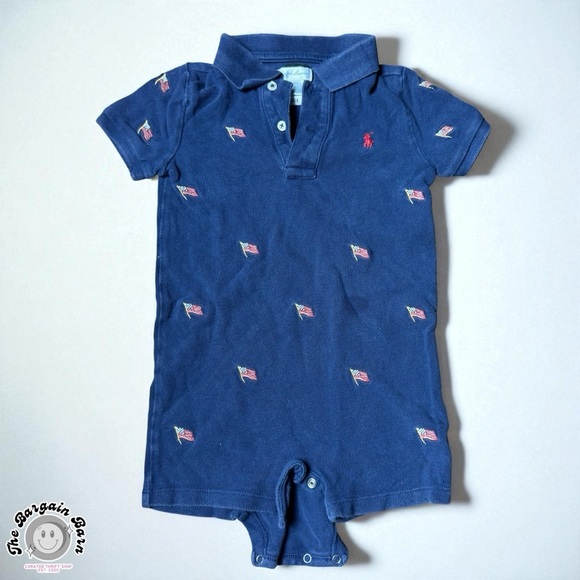 Vintage Ralph Lauren Baby Romper 24M Navy Polo USA Flag 4th of July - Picture 1 of 4